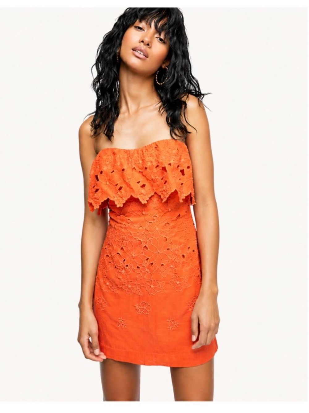 Free People Strapless Mini Dress Eyelet Lace Off Shoulder Dress Euro Summer